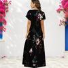 Women Plus Size V Neck Short Sleeve Floral Printed Navy Blue Long Straight Dress