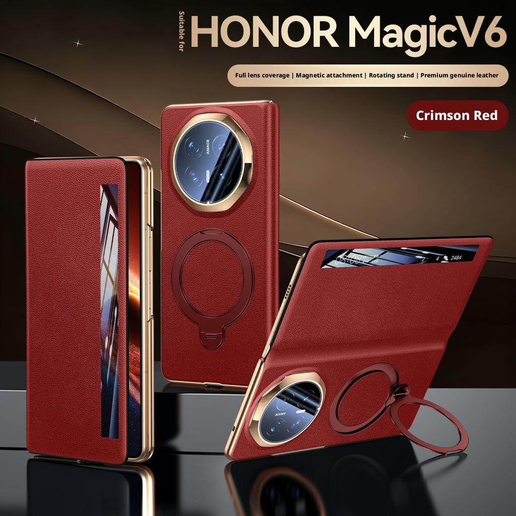 Funda de Cuero Genuino Premium Para Honor Magic V6 Soporte Giratorio 360° Ventana Inteligente Responder Llamadas Cubierta Protectora de Lente