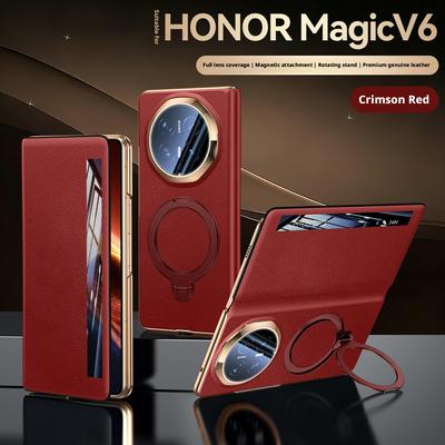 Premium Echtleder Hülle für Honor Magic V6 360° drehbarer Ständer Intelligentes Fenster Anrufe annehmen Linsenschutzabdeckung