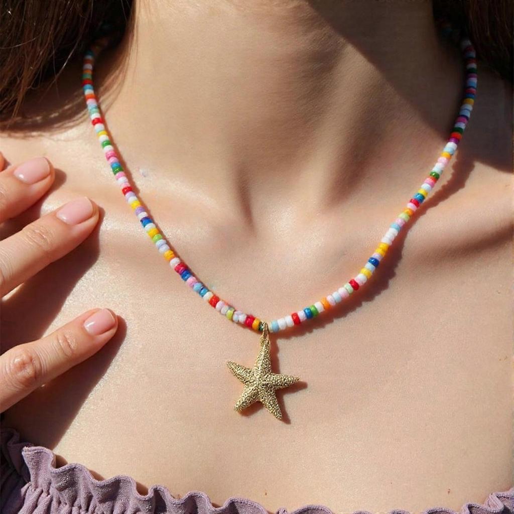 5PCS Multicolor Beach Themed Beaded Necklaces for Women Handwoven Clavicle Chains Vocation Holiday Accessories Multicolor