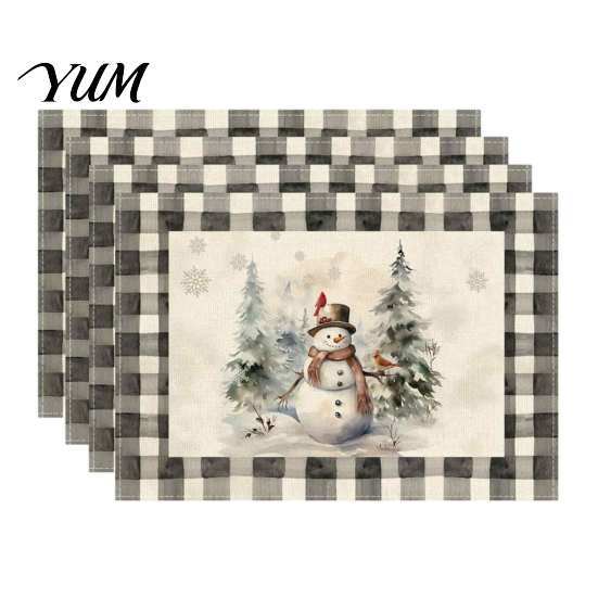 Holiday Party Supplies 4Pcs Christmas Linen Placemat Set, Cartoon Snowman Gingerbread Gnome Table Heat Insulation Pads Mat, Resistant Place