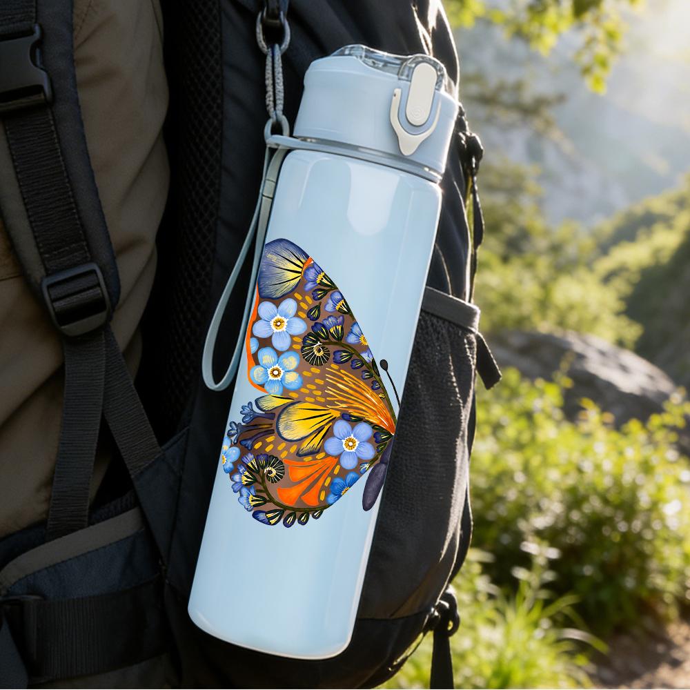 1PC Colorful Tropical Butterfly 750ml Color Plastic Sports Water Bottle Leakproof Flip Straw Lid Suitable for Sports Office Home Use