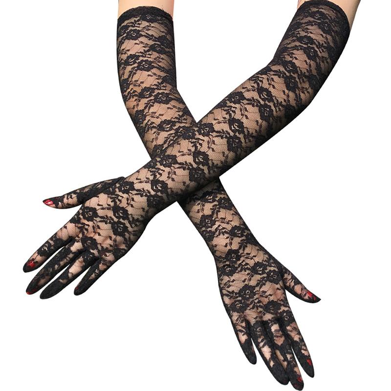 Damen Durchsichtig Blumenspitze Lange Handschuhe Schwarz Weiß Rot Sexy Ellbogenlänge Fäustlinge Hochzeitsparty Abendhandschuhe Zubehör gray