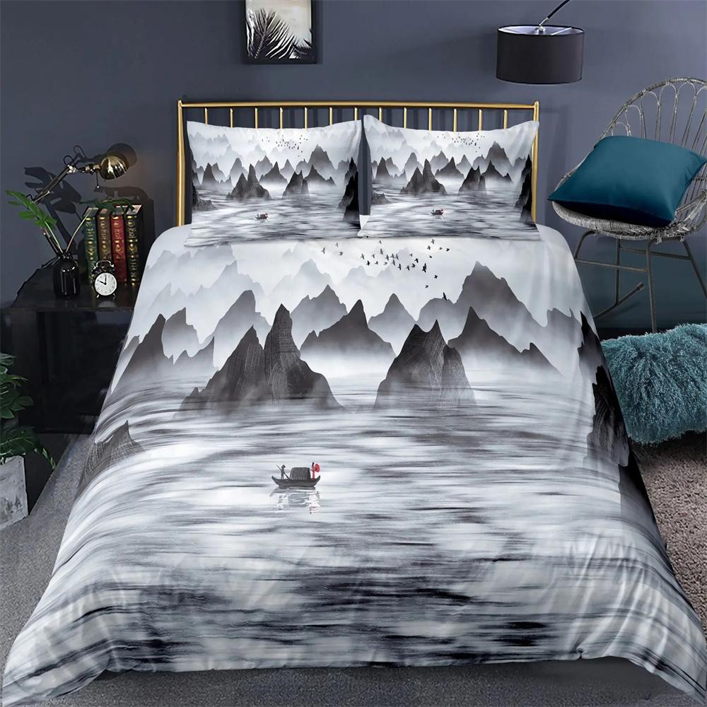 Nature Landscape Duvet Cover King/Queen Size,Chinese Ink Painting Style Bedding Set Mountain River 2/3pcs Polyester Quilt Cover