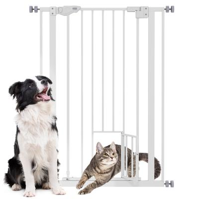 Extra Tall Pet Gate, Indoor Dog Safety Gate, with Cat Flap, Auto Close, 74-80cm Wide - White