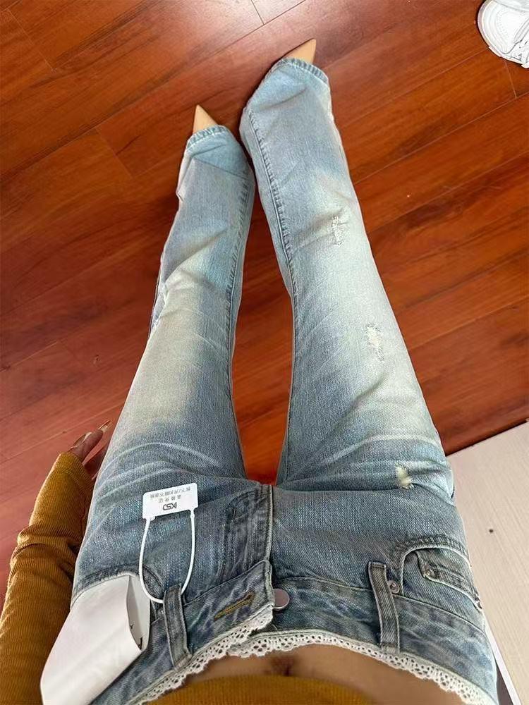 Women's Light Wash Ripped Low Waist Stretch Micro Flare Jeans - Summer 2025 Edition