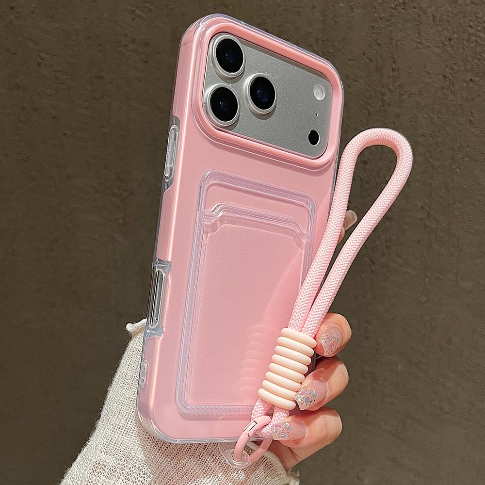 Candy Color Card Slot Bag Holder Phone Case For iPhone 17 16 15 14 13 12 11Pro Max Air Wrist Strap Shockproof Cover With Lanyard