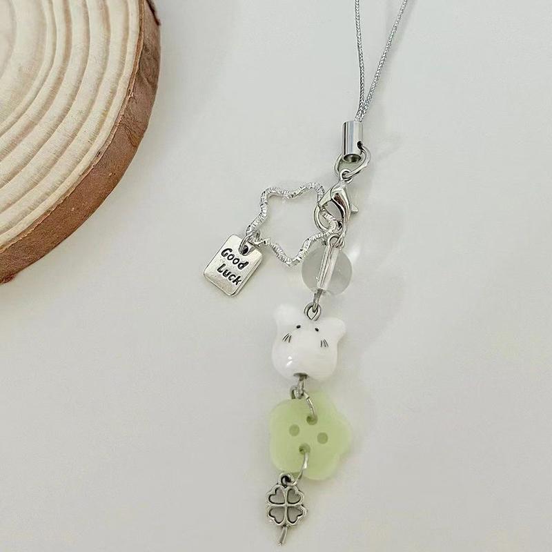 Sweet Y2K Cute Strawberry Mobile Phone Lanyard Lovely Rabbit Four Leaf Clover Star Keychain Bag Charms Girls Fresh Cute Pendant