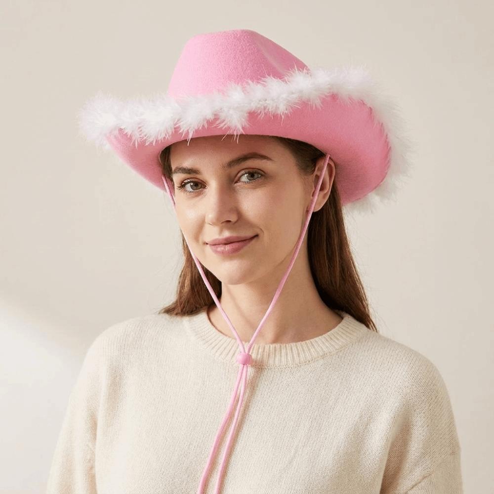 Wide Brim Western Cowboy Hat Furry Trim Top Hat Classic Cowgirl Hat Street Party