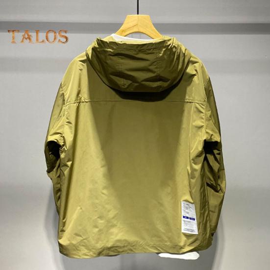 Men Trench Coat Hooded Drawstring Long Sleeve Double Zipper Cargo Tops Solid Color Large Pocket Street Style Outwear