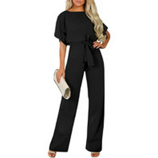 Solid Color Short-Sleeve Tie-Sleeve Romper Jumpsuit