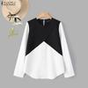 ZANZEA Women Casual Round Neck Long Sleeve Loose Patchwork Blouse