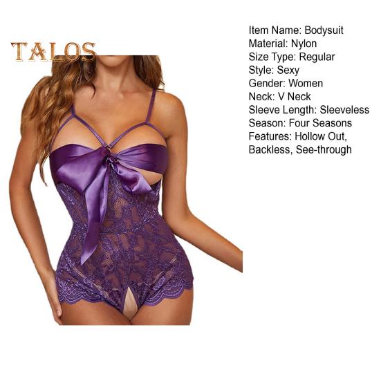 Body sexy para mujer con cordones, lazo, espalda descubierta, sin mangas, fino, transparente, con encaje, entrepierna abierta, bordado de flores, tirantes finos, ajustado, para boda y noche