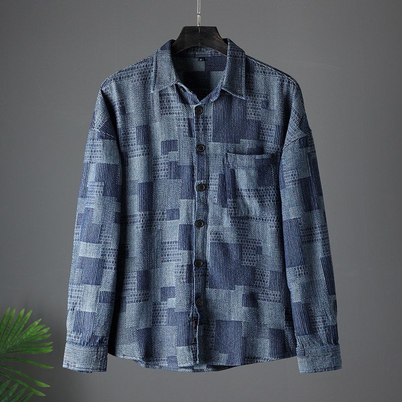 Retro Long-Sleeved Export Plaid Shirt Blue XL
