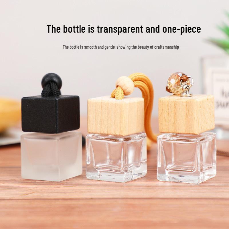 Square Wooden Lid Car Diffuser Bottle for Essential Oils - Empty Glass Perfume Refill Pendant.