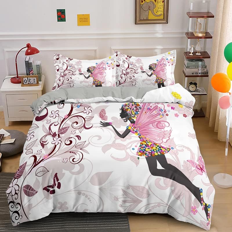 Fairy Girl with Wings Bedding Set Garden Fantasy Floral Duvet Cover Flying Butterfly Comforter Cover Colorful Flower Quilt Cover
