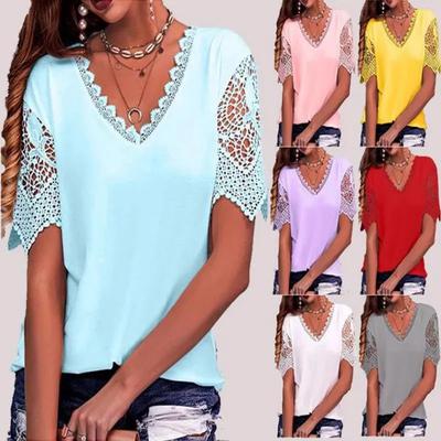 Summer Women's Fashion Clothes Lace V-Neck Short Sleeve Shirts Casual Loose Tee Shirt Ladies Plus Size Tunic Tops Women