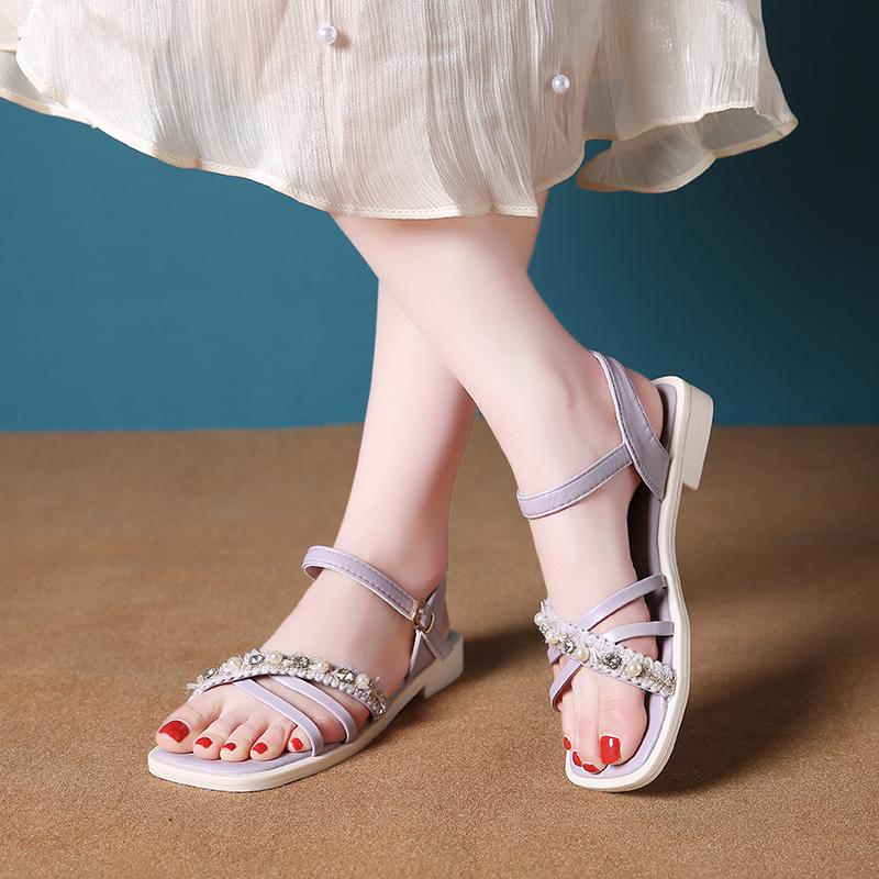 Aphixta New Pearl Dec Woman Sandals Shoes Square Toe Cross Strap Buckle Luxury Diamond Summer Shoes Sweet Low Heel Shoes Size 41