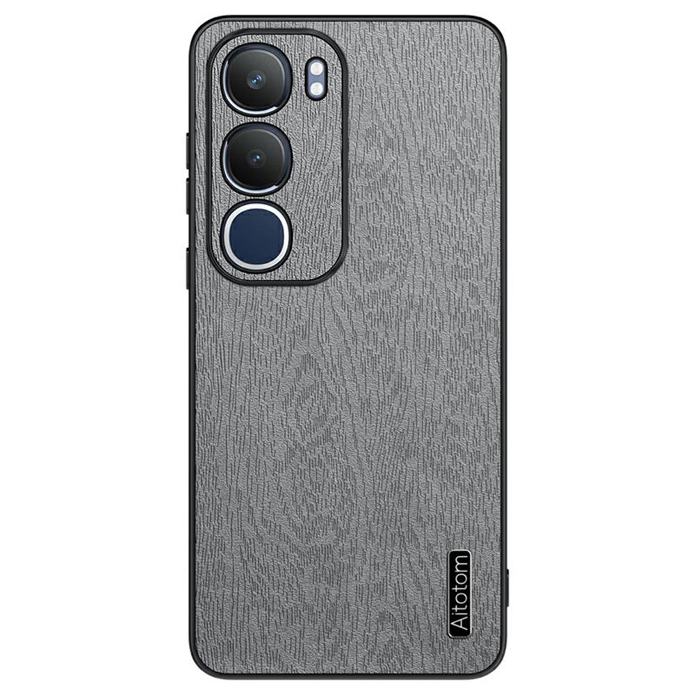 

For vivo Y19s 4G Case Wood Texture PU Leather Coated PC+TPU Phone Cover D