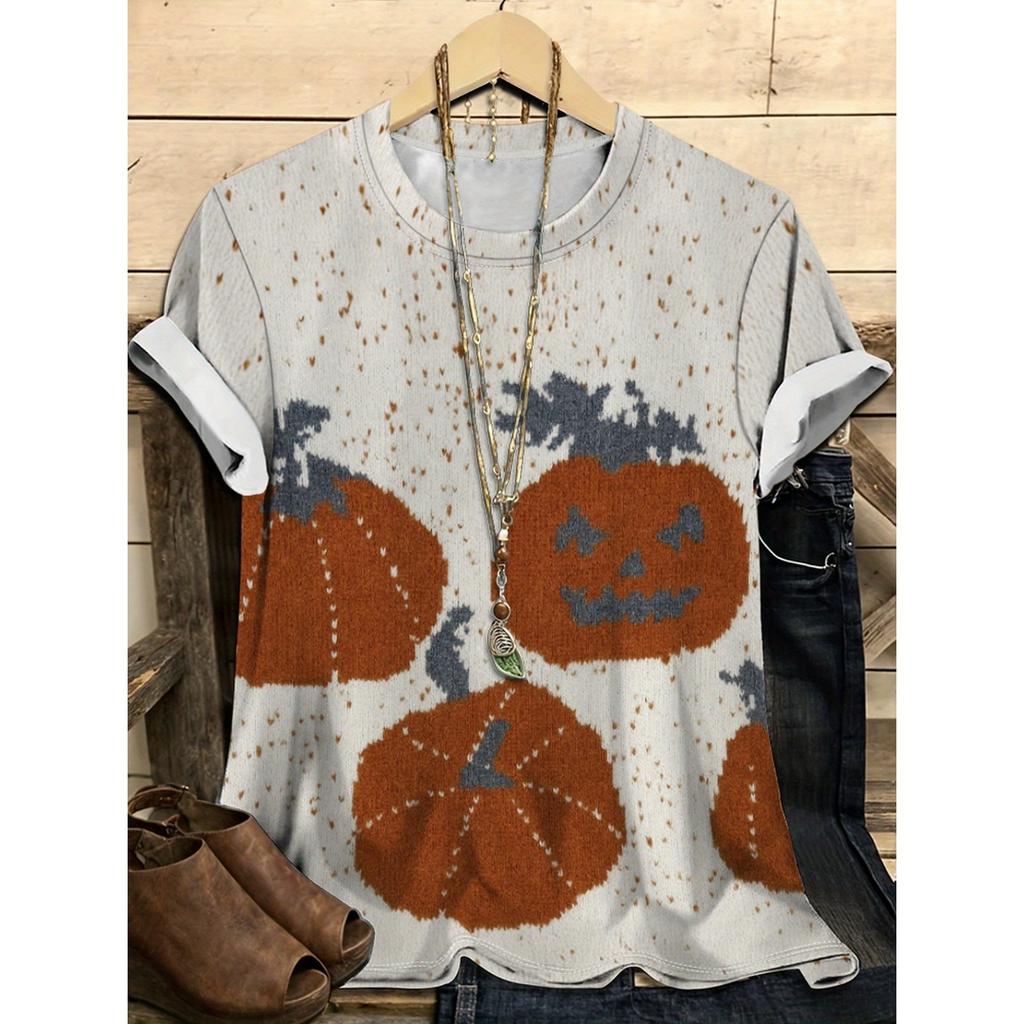 Summer Round Neck 3D Halloween Themed Pattern Print Top Fashionable Casual Short Sleeved Women's T-shirts