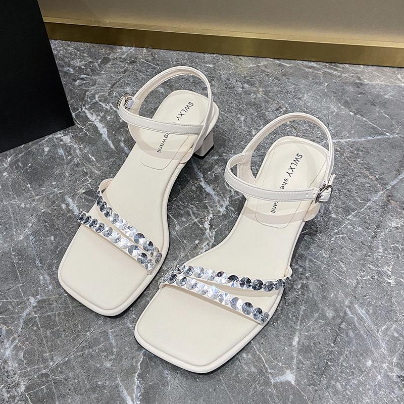 

2025 NEW Sandals Summer Elegant and comfortable Shoes Pearls Beading Open-toe Fashion Ladies Party Sandals Shoes High Heels 34 бежевый