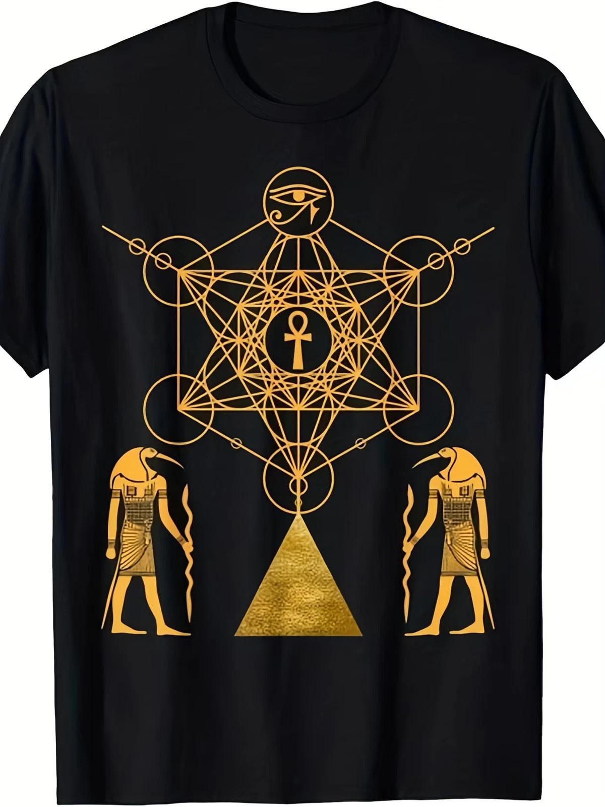 Men S Egyptian God Thoth Sacred Geometry T-Shirt - & Golden Retro Graphic Tee wi L