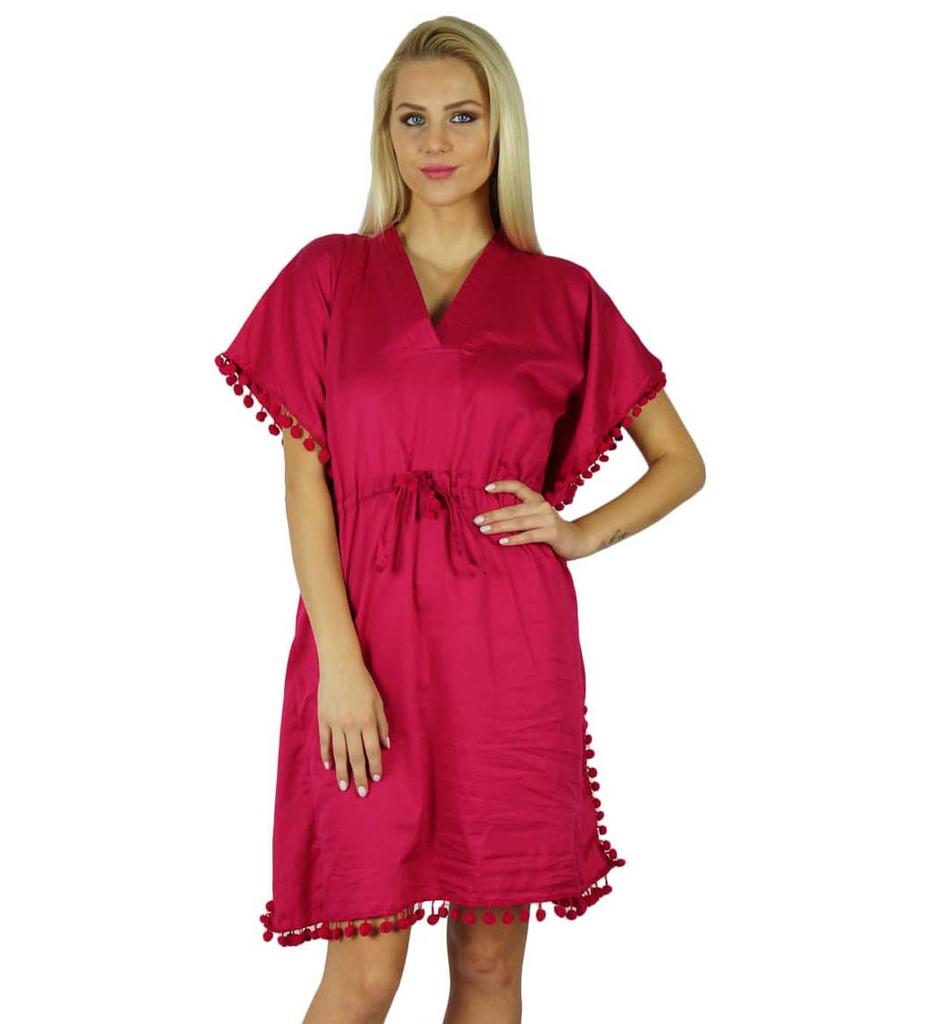 Bimba Women Cotton Kaftan With Pom Pom Tassels Short Caftan Beach Coverup