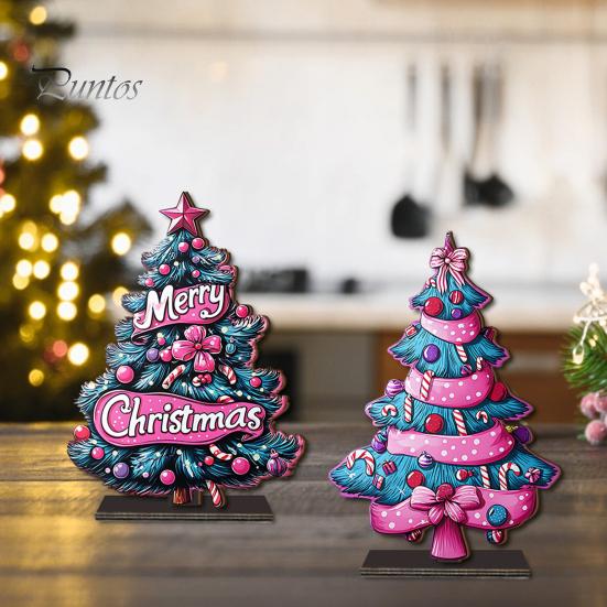 Stable Base Christmas Decor 2D Wooden Tabletop Ornaments, Xmas Tree Santa Lightweight Trees Snowman Sign with Stand, Holiday Party Decorations Favors