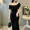 Summer waist and thin hip skirt black split-ended long dress French temperament ruffle leaf edge one-word shoulder dress women