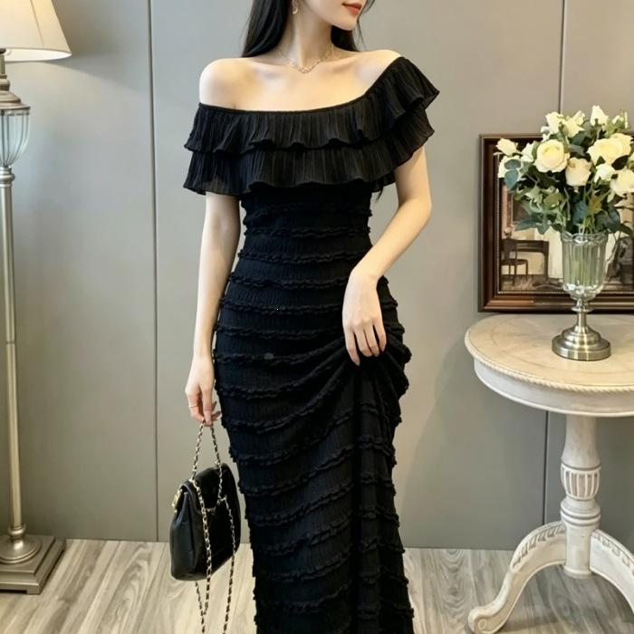 Summer waist and thin hip skirt black split-ended long dress French temperament ruffle leaf edge one-word shoulder dress women