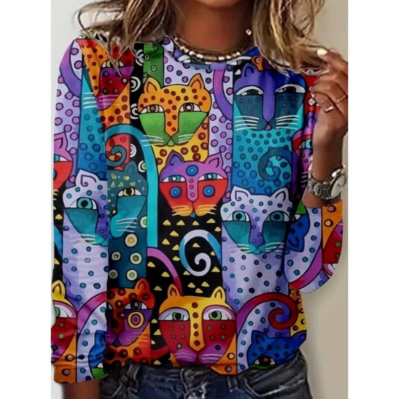 Camiseta de Otoño para Mujer de Manga Larga Estampado de Gato Lindo Calle Casual Cuello Redondo Jersey Ropa Oversize