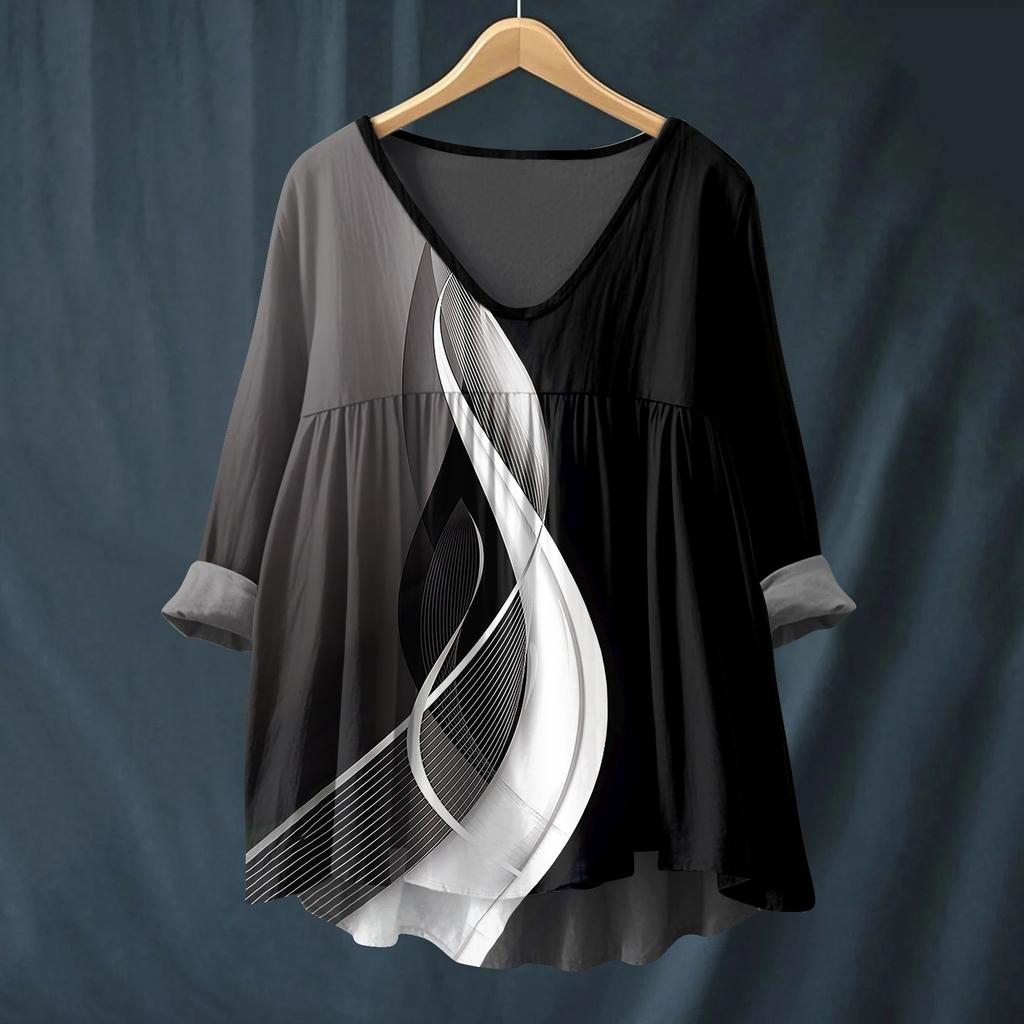 Women's Fashionable And Casual Shirt Long-sleeved V-neck Print Cotton And Linen Blouse