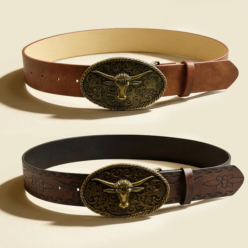 American retro western style belt, old bull head carved buckle belt, street denim wear decorative belt