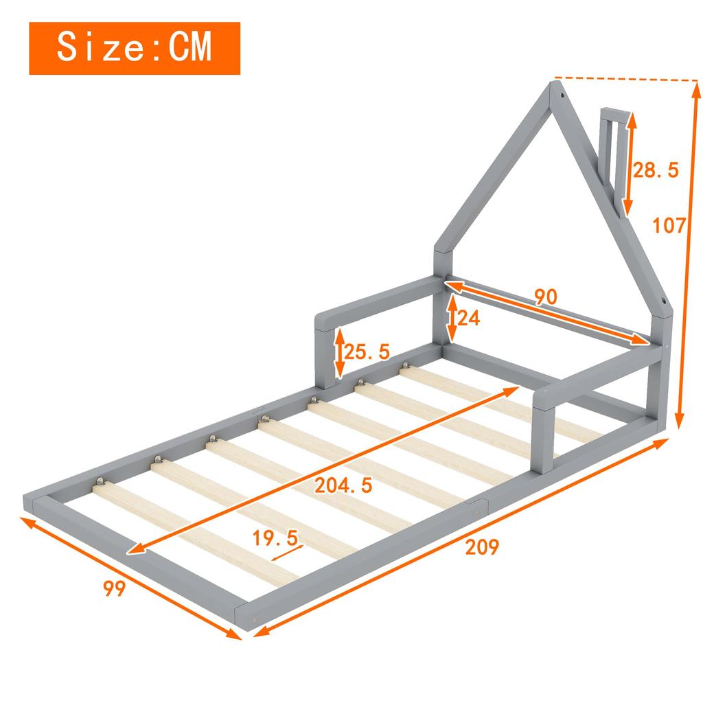 Kinderbett 90x200cm, Lattenrost, Kiefernholz+MDF, Hausform, minimalistisches Styling, Erwachsene/Jugend, Ohne Matratze