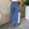 GMXIA Damen Schräge Taille Überkreuzt Vintage Perlenbesetzt Gerade Raw Edge Denimhose