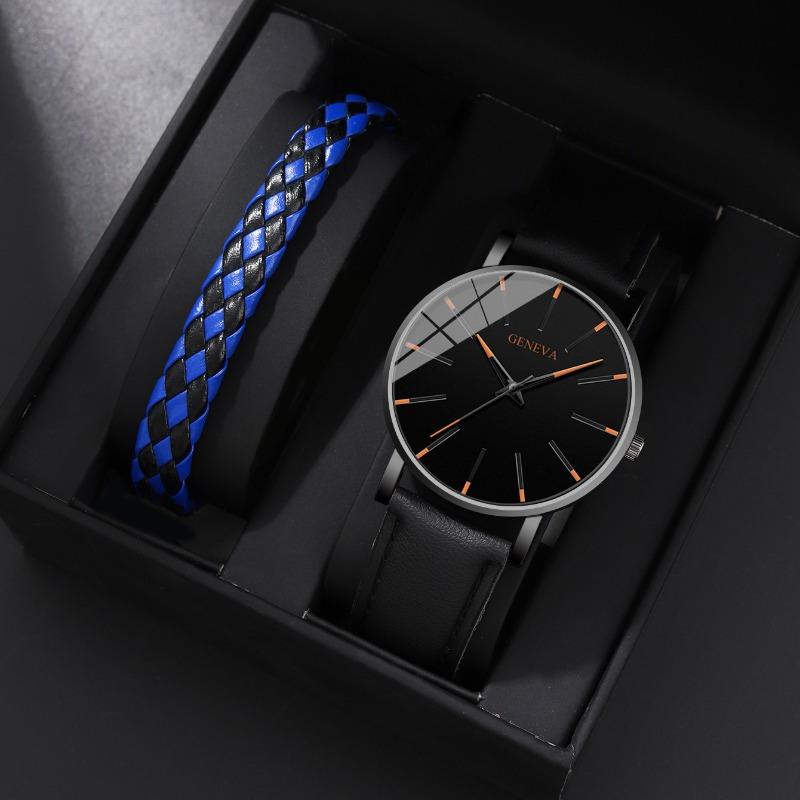 

2 шт./компл., модные мужские повседневные кварцевые часы с кожаным ремешком из искусственной кожи и мужской синий браслет, мужской подарок
