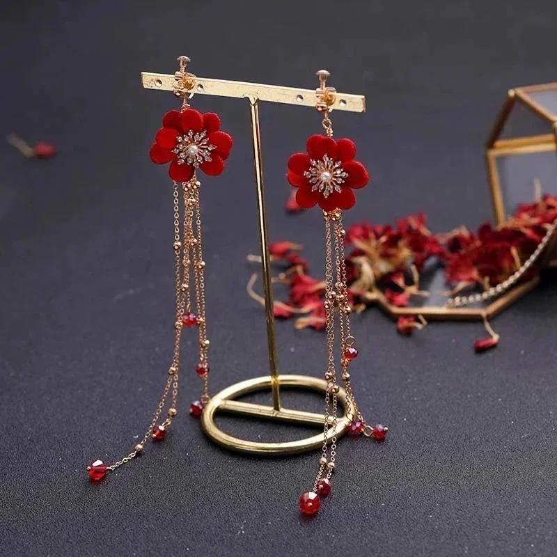 Modă Vintage Roșu Chinezesc Floare Cristal Agrafe de Păr Bentiță Cercei Nuntă Tiară Piesa de Cap Accesorii Seturi Bijuterii Perle