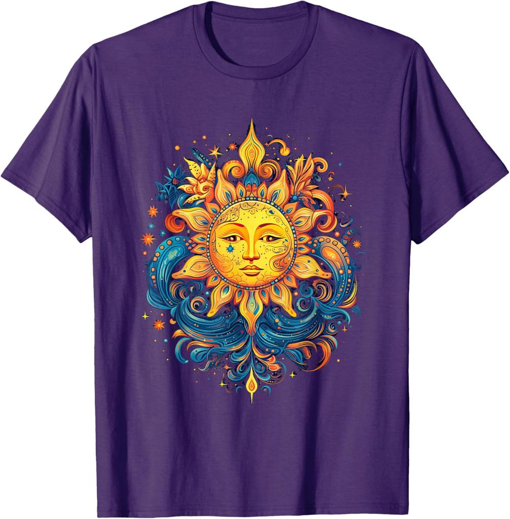 Mystical Sun Face Graphic Tee Men Casual Cotton Round Neck Vintage Aesthetic Print T-Shirt