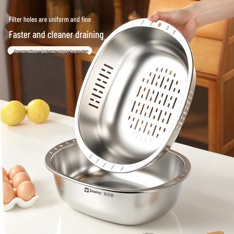 Stainless Steel Square Colander & Storage Basin Set for Washing Vegetables and Fruits