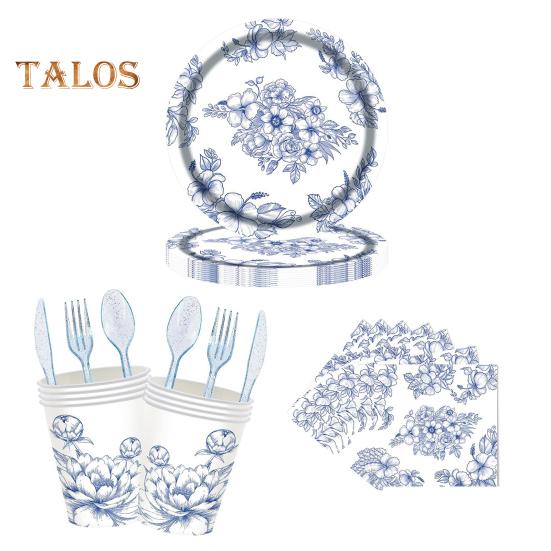 

Набор из 24 одноразовых обеденных тарелок, синие бумажные тарелки, пригодные для использования в микроволновой печи, с вилками, ложками, чашками, 7-дюймовые прочные тарелки, устойчивые к порезам, маслу и воде 1 Set