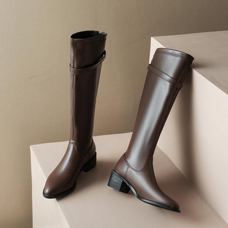 

Осенне-зимние удобные женские рыцарские сапоги на толстой подошве с нескользящей резиновой подошвой, европейские и американские высокие сапоги больших размеров, новые кожаные сапоги на среднем каблуке 39