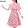 ZANZEA Women Summer Round Neck Short Sleeve Geometry Print A-line Dress