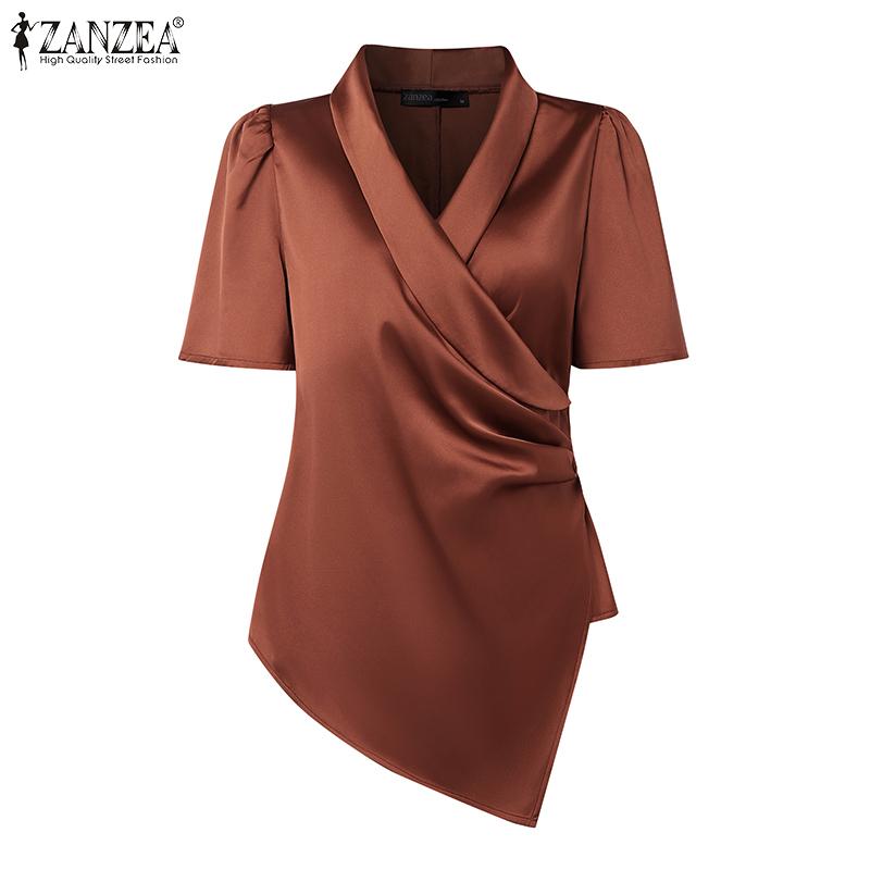 ZANZEA Bluză casual pentru femei, cu decolteu în V, subțire, cu tiv neregulat, mânecă scurtă