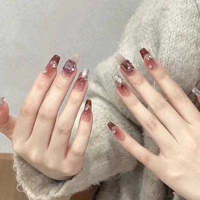 Noszenie Paznokci Ręcznie Robione Naszywki na Sztuczne Paznokcie Luksusowy Różowy Francuski Aurora Diament Kwadratowy Diament Zdejmowany Nail Art