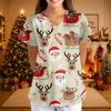 Women's Christmas Print V-Neck Short Sleeve Uniform with Pockets Loose Fit