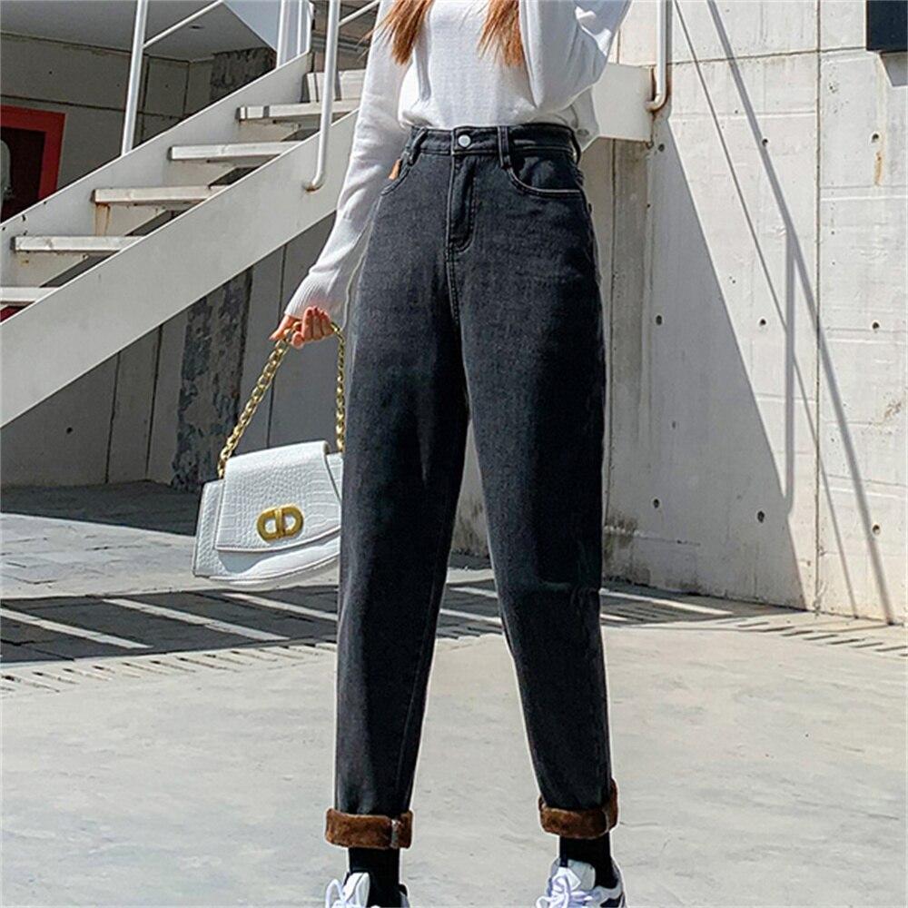 Женские зимние модные теплые свободные утепленные корейские брюки с высокой талией в Корейском стиле, повседневная уличная одежда, плюс бархатные джинсы-шаровары S