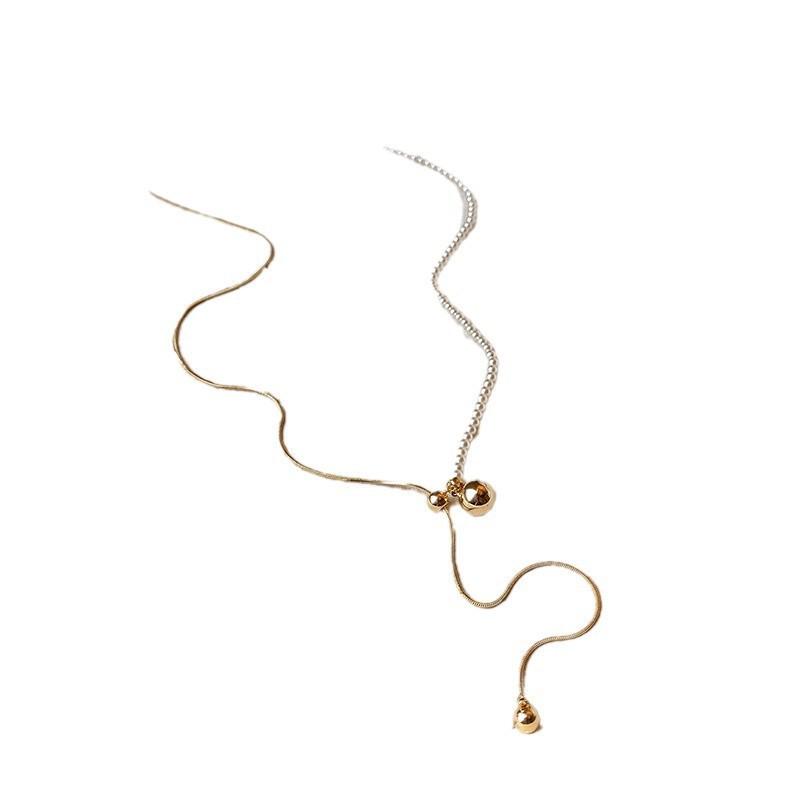 Long Winter-spring Style Adjustable Pearl Ball Sweater Necklace with Delicate Snake Bone Chain
