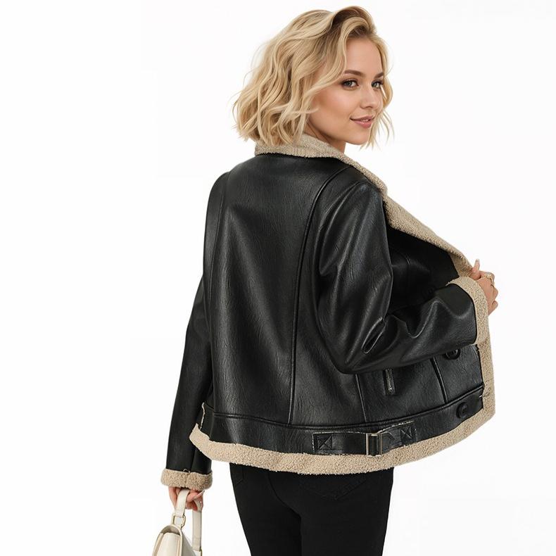 Women's Fleece Leather Jacket Thick Warm Flocked Leather Coat Turn-Down Collar PU Leather Jacket