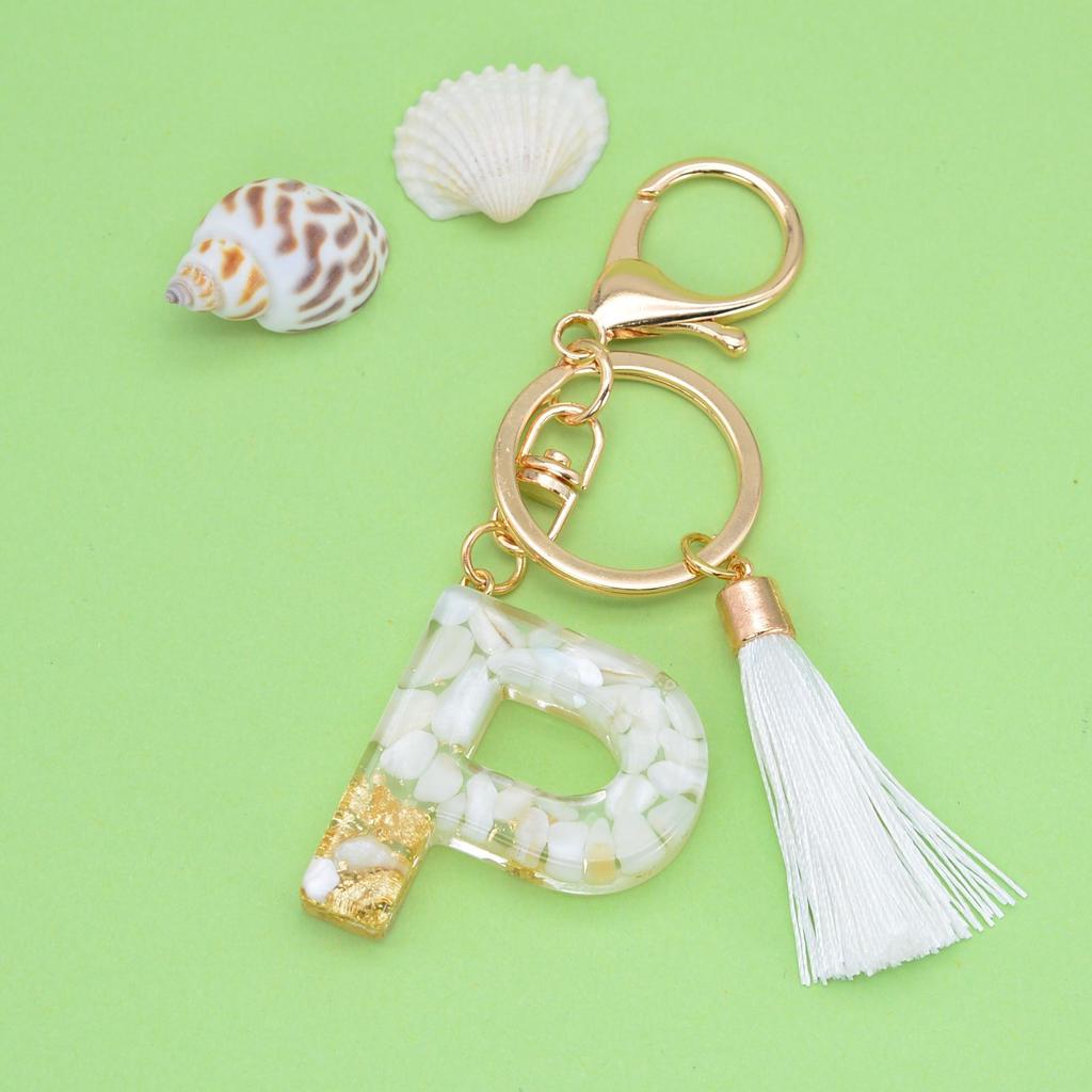 Trendy White Tassel Letter Keychain with Crystal Pendant