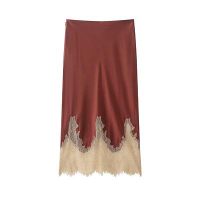 2025 Autumn European Style Women's Color Block Satin Skirt with Lace Trim